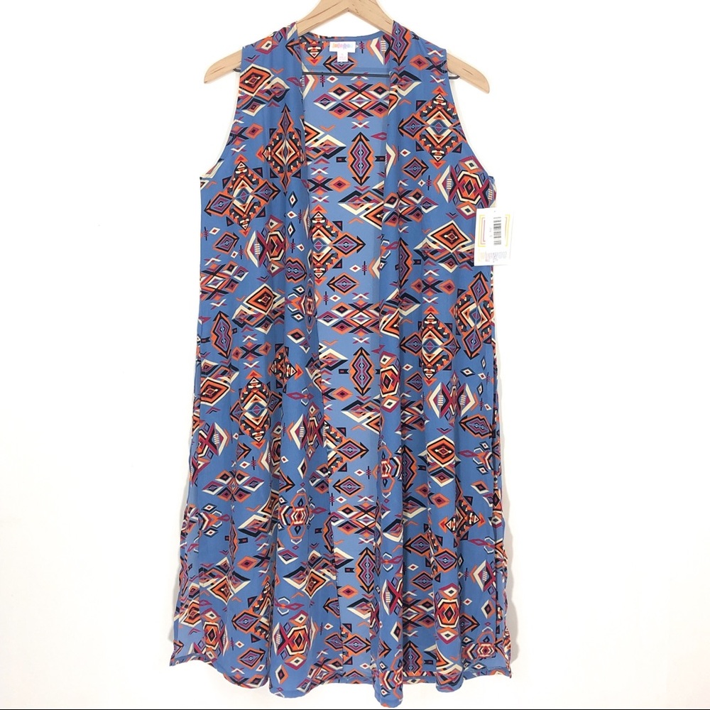 LuLaRoe Joy Blue Orange Boho Aztec Longline Vest